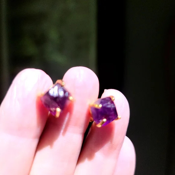 Amethyst Pyramid nugget earrings sterling &gold - Picture 7 of 8